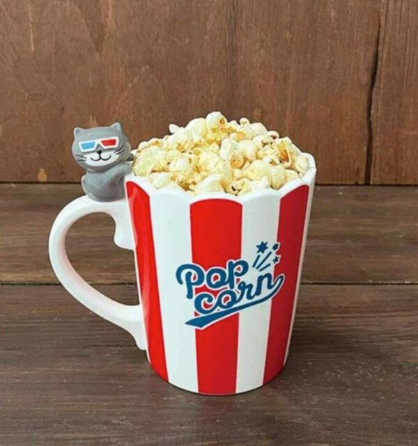 爆米花貓咪陶瓷杯貓咪紅色條紋款裝了爆米花後